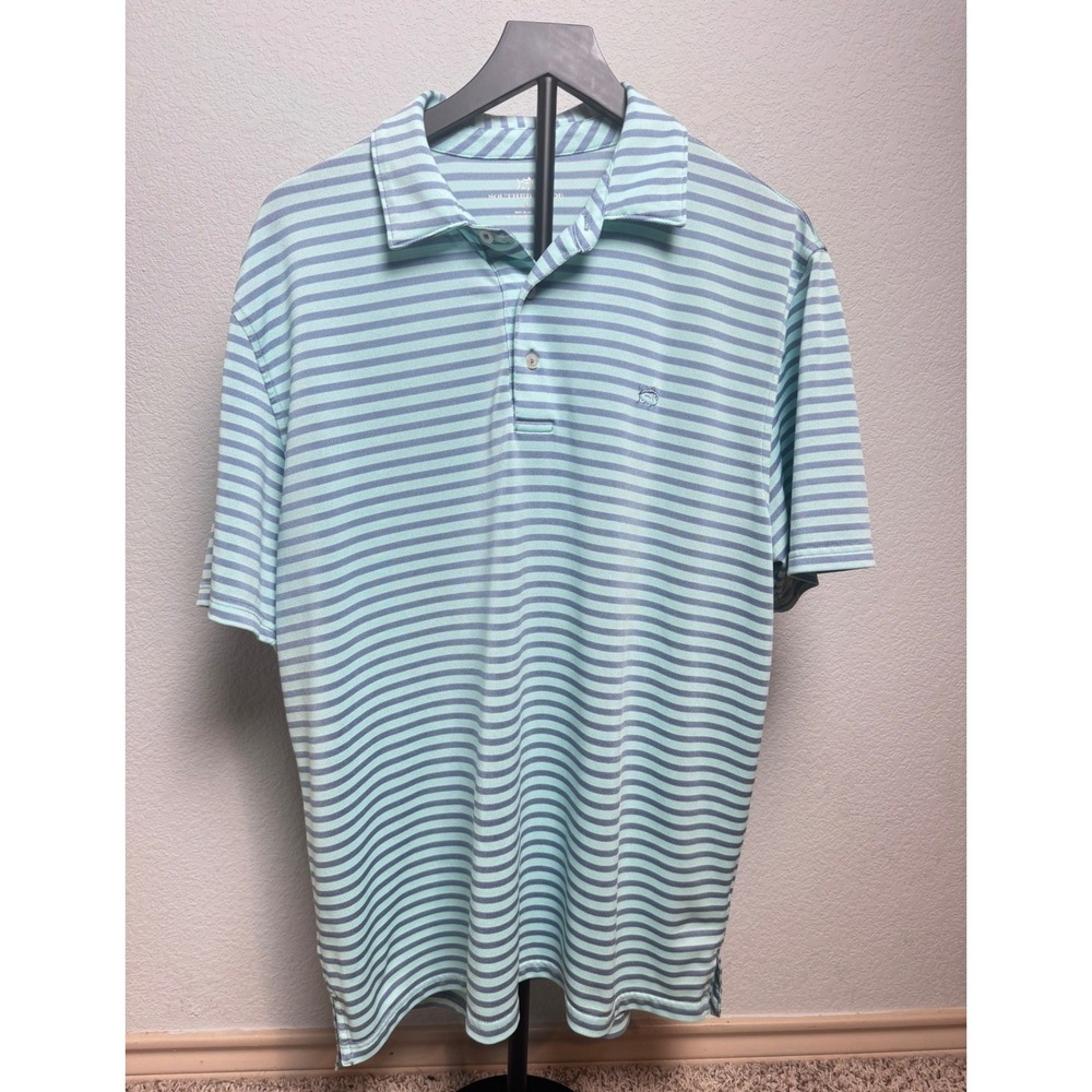 Southern Tide Mens Large Blue Mint Green Striped Performance Polo Shirt S/S